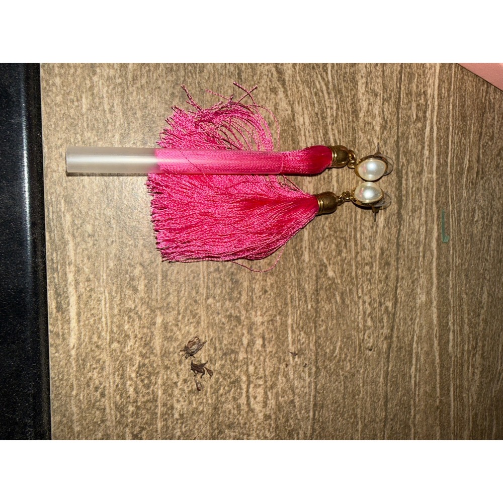 Hot Pink Tassel Drop Earrings Faux Pearl Gold Tone Boho Statement Jewelry